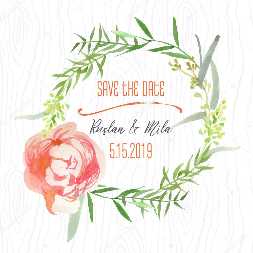 Watercolor Wreath in Save the Date Card