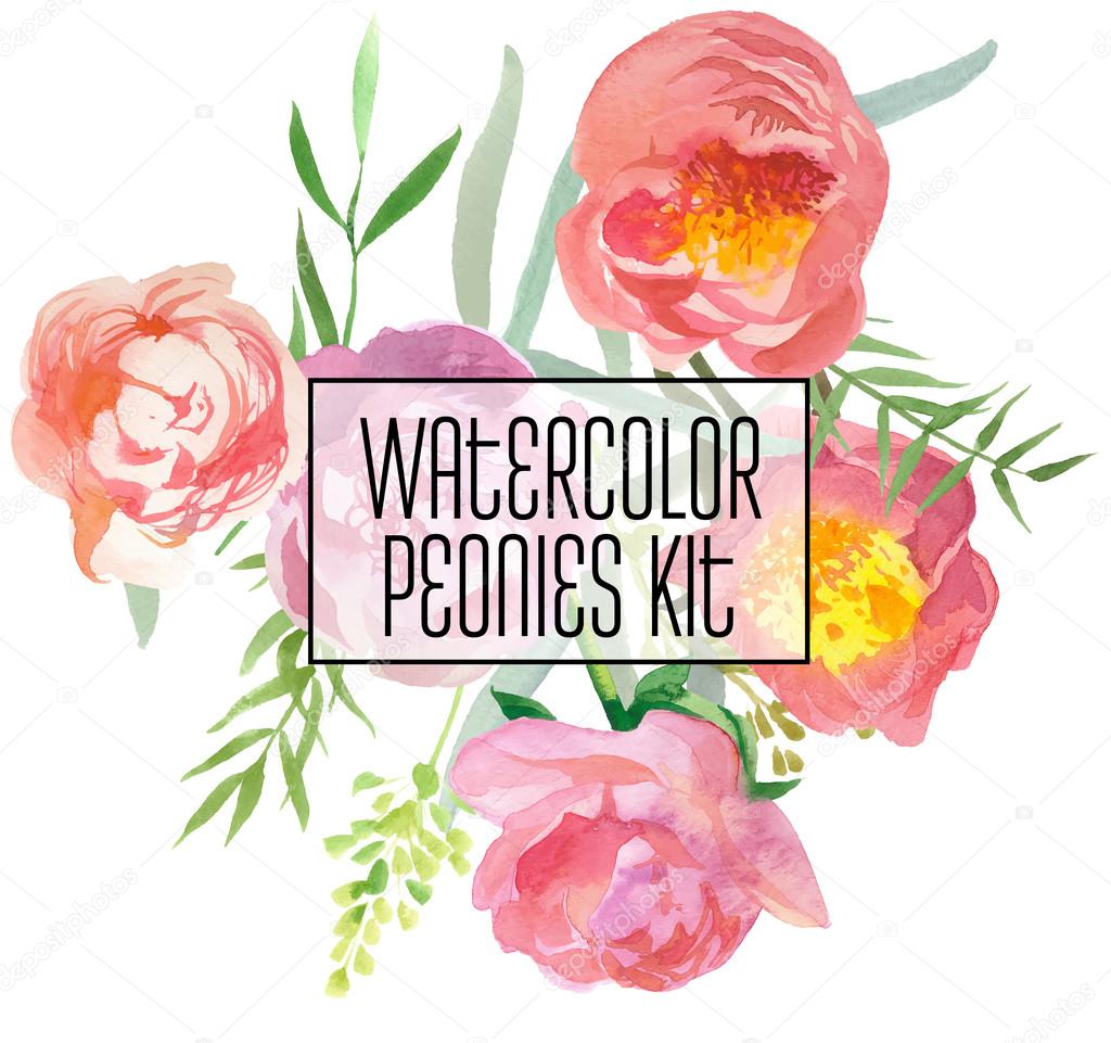 Watercolor Peonies Kit for design cards, invitation