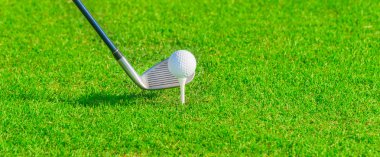 Golf sopası ve top çimenlerde.