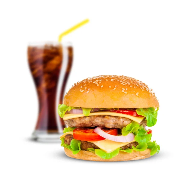 Cola dan Big hamburger pada latar belakang putih — Stok Foto