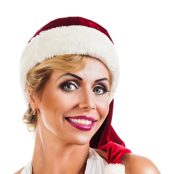 Ritratto bella donna indossa un cappello di Babbo Natale — Foto Stock