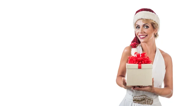 Retrato bela mulher vestindo um santa chapéu — Fotografia de Stock