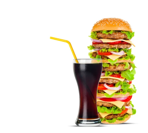 Cola dan Big hamburger pada latar belakang putih — Stok Foto