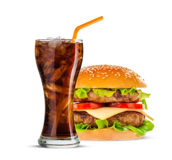 Cola și Big hamburger pe fundal alb — Fotografie, imagine de stoc