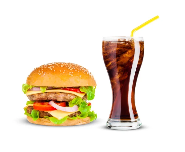 Cola y hamburguesa grande sobre fondo blanco —  Fotos de Stock