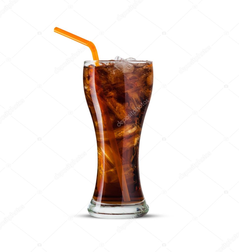 Glass of cola with ice on white background