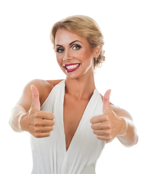 Mulher sorridente mostrando sinal tumb — Fotografia de Stock