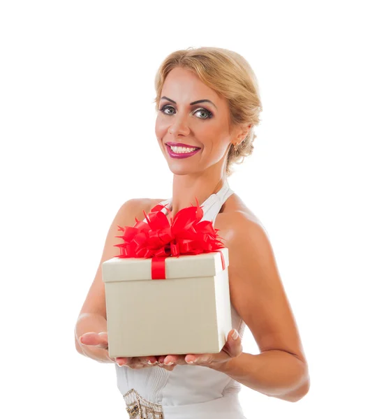 Young happy woman with a gift — Stock Photo, Image