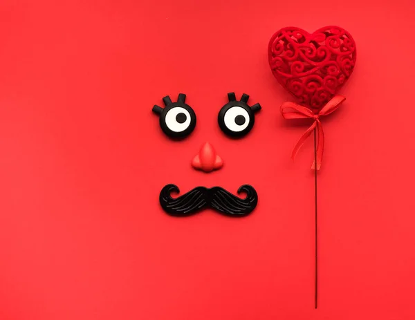 Funny face men with red heart. Happy Valentines day. Love greeting card