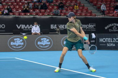 SOFYA - NOVEMBER 13.2020: Jannik Sinner (ITA), Bulgaristan 'ın Sofya kentinde düzenlenen ATP Sofya Açık turnuvasında 3-14 Kasım 2020