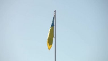 Ukrayna bayrağı rüzgara karşı bir zemin mavi gökyüzünde uçar
