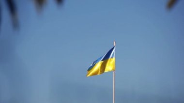 Ukrayna bayrağı rüzgara karşı bir zemin mavi gökyüzünde uçar