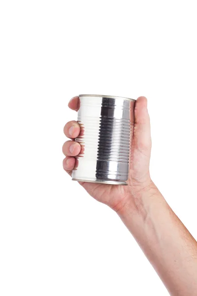 Pet food can in hand isolated on white background — Stock Image Pet food can in hand isolated on white background Royalty Free Stock Photos