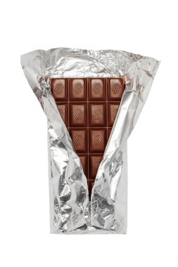 Chocolate bar in opened foil wrapping, isolated on white