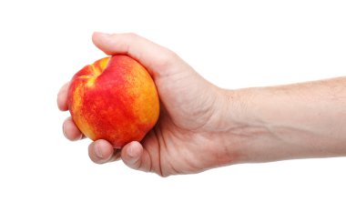 taze sulu lezzetli kırmızı ve sarı izole bir insan elinde şeftali 