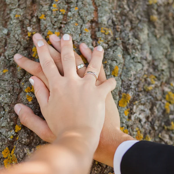 Mannelijke en vrouwelijke hand met ringen op hout achtergrond — Stockfoto