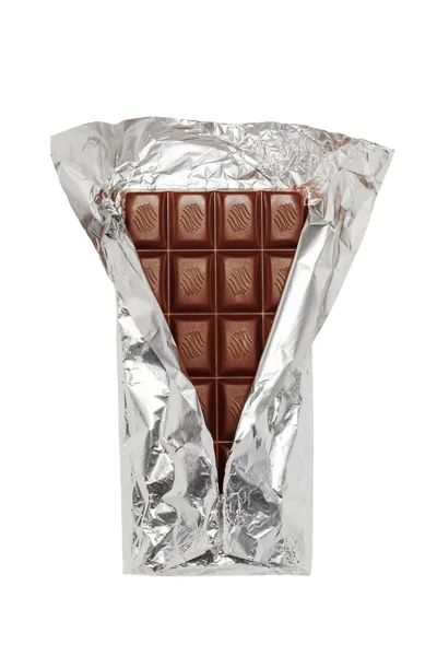 Chocolate bar in opened foil wrapping, isolated on white — ストック写真