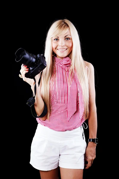 Young beauty woman with photo camera isolated on black backgroun — Stock Photo, Image