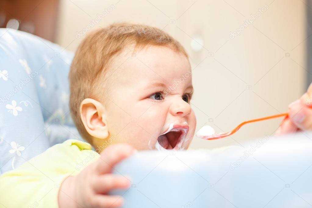 very little kid eats fresh tasty nutritious curds on highchair