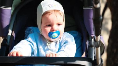 arabasındaki bebek doğa arka plan üzerinde emzik ile gülümseyen küçük bebeğim