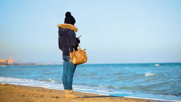 Adolescente utilisant un smartphone sur la plage — Video