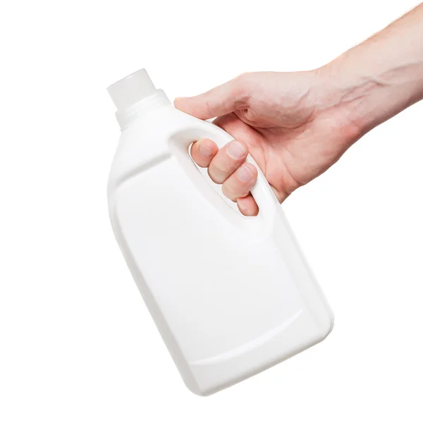 White plastic bottle in hand, isolated on white background — Stock Photo, Image