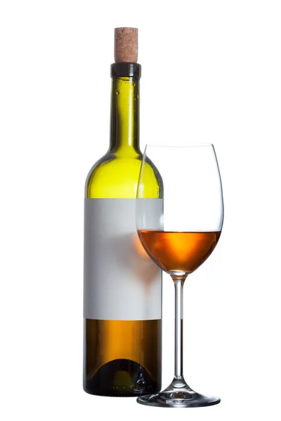 Bottle of red wine with a clean label and glass of wine on a whi — Stock Photo, Image