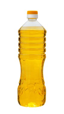 Beyaz arka plan üzerinde izole bir plastik şişe ayçiçek yağı