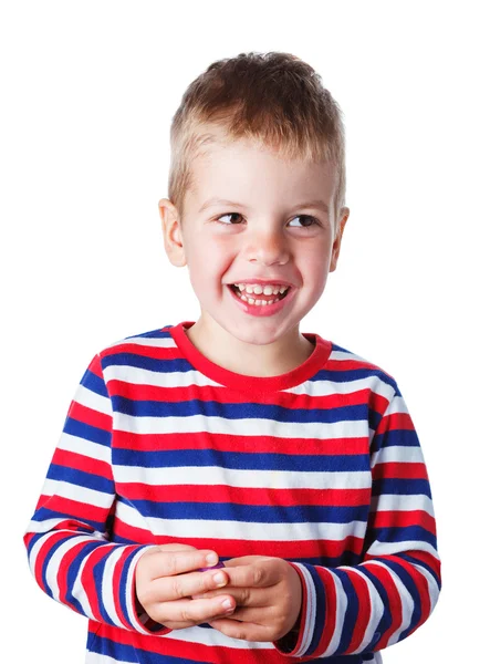 3-4 años alegre guapo chico en un rayas camisa riendo isol —  Fotos de Stock