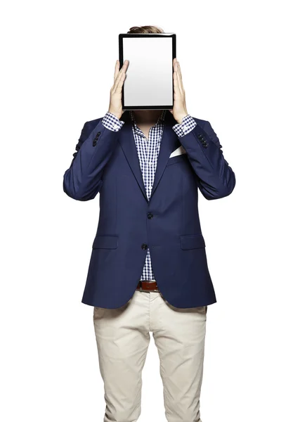 Ocultar la cara detrás de la tableta digital —  Fotos de Stock