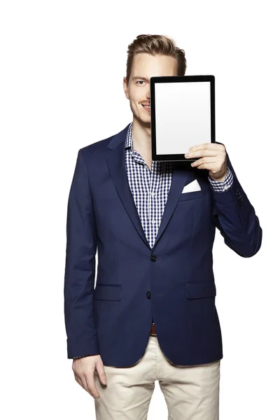 Hide the face behind digital tablet — Stock Photo, Image