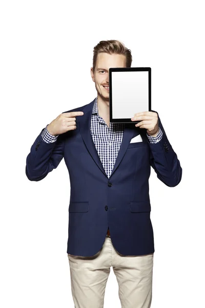 Man wijzend op digitale Tablet PC — Stockfoto