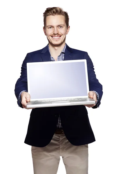 Zakenman geven zijn laptop — Stockfoto