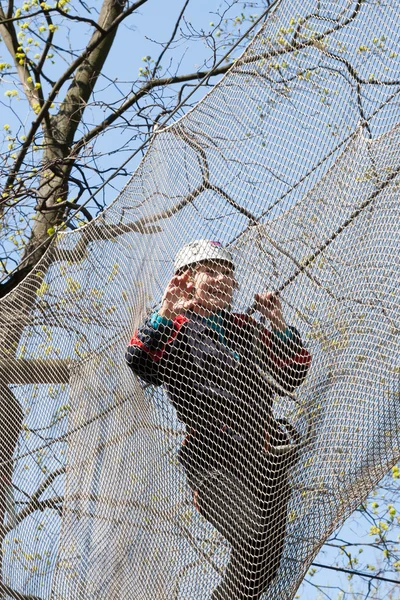 Flickan klättrar hinder av rope park — Stockfoto