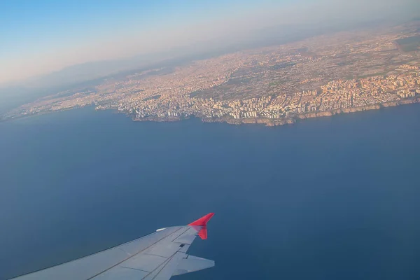 View Coast Antalya Wing Airplane Clear Summer Day — Stock Photo, Image