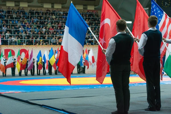 A solemn parade of flags of participating countries — Stock Photo, Image