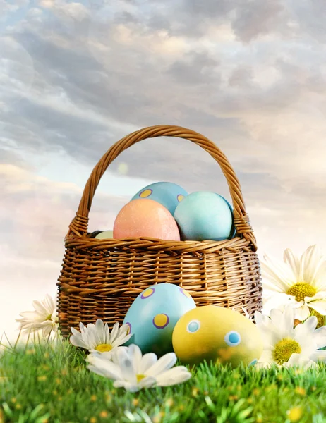 다채로운 부활절 계란에 잔디 꽃 장식 — 스톡 사진