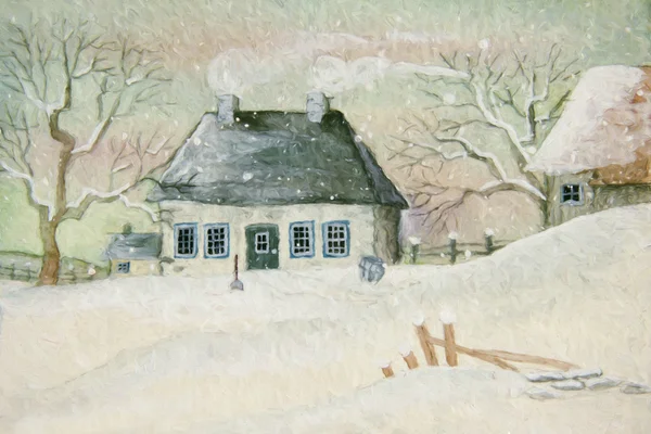 Oud huis in de sneeuw, geschilderd digitaal — Stockfoto