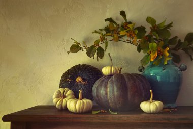 Güz pumpkins ve su kabakları masada