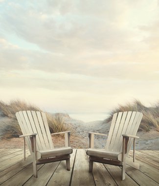 Wooden deck with chairs, sand dunes and ocean clipart