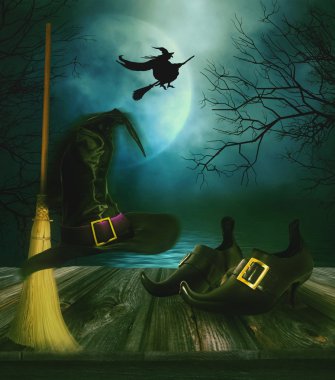 Witches broom hat and shoes with  Halloween background clipart