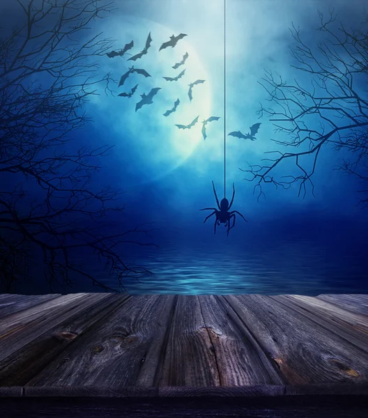 Holzboden mit Spinne und Halloween-Hintergrund — Stockfoto