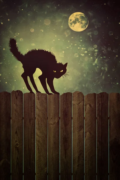 Czarny kot na ogrodzenie w nocy z rocznika wygląd — Zdjęcie stockowe