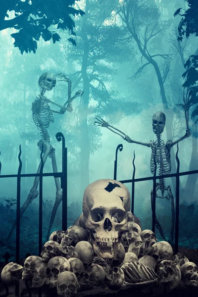 Caveiras e esqueletos no cemitério assustador — Fotografia de Stock