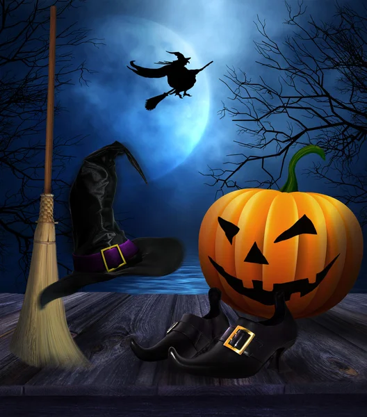 Cappello e scarpe streghe con sfondo Halloween — Foto Stock