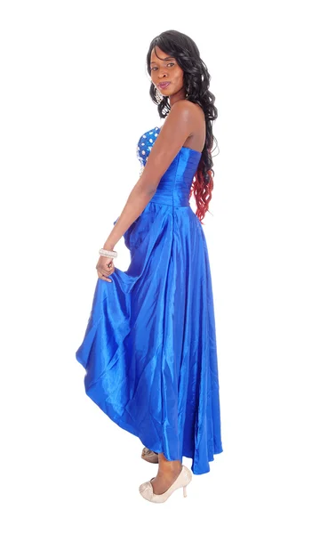 African American woman in blue dress in profile. — Stock Photo, Image