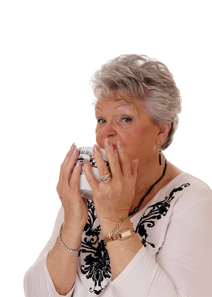 Lovely senior woman with bowl. — Stock Photo, Image