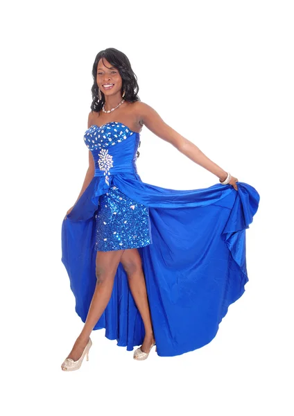 Beautiful African American woman in blue dress. — Stock Photo, Image