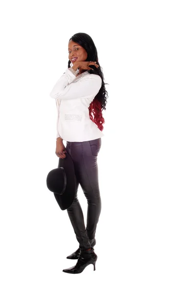 African American woman in leather tights. — Stock Photo, Image