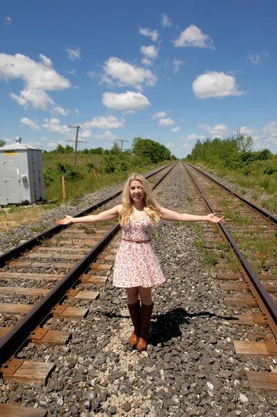 Young woman standing on railroad truck's. — Stock Photo, Image